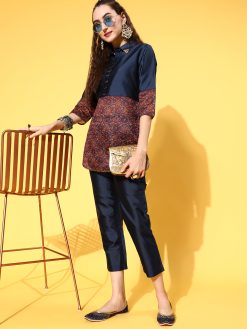 A Blue Color Silk And Schiffli Embellished Shirt With Solid Trouser