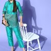 A Teal Color Silk And Schiffli Embellished Shirt With Silk Trousers