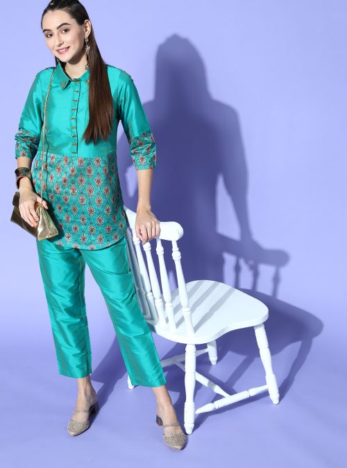 A Teal Color Silk And Schiffli Embellished Shirt With Silk Trousers