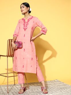 Women Pink Embroidered Yarn Dyed Kurta With Pants.