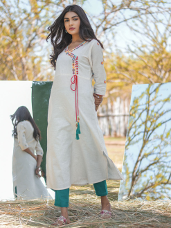 Off White Embroidered A-Line Cotton Blend Kurta