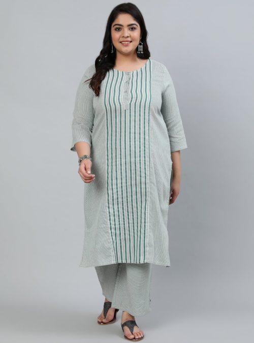 Green Self Striped Straight Cotton Blend Kurta With Palazzo