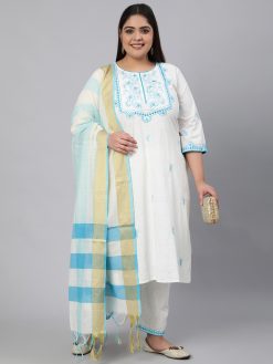 Women White Printed & Embroidered Cotton Kurta Set With Dupatta