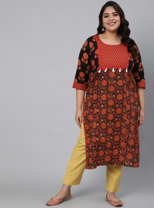 Women Black Printed Straight Kurta With Thread Work