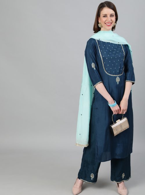 Teal Straight Embroidery Kurta With Palazzo And Dupatta.