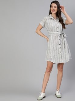 White Stripes Yarn Dyed Cotton Shirt Dress With Belt