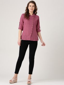 Pink Solid Front Placket Cotton Slub Shirt