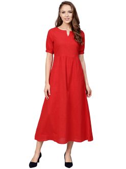 Red Pure Cotton midi A-Line Dress