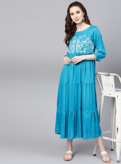 Turquoise Blue Self Design Tiered Empire Dress