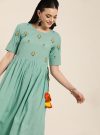 Sea Green Embroidered Fit And Flare Pure Cotton Dress With Tie-Up Detail