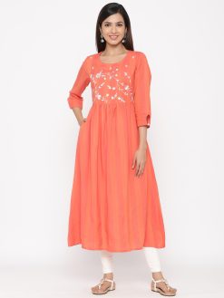 Coral Embroidered A-Line Yarn Dyed Kurta