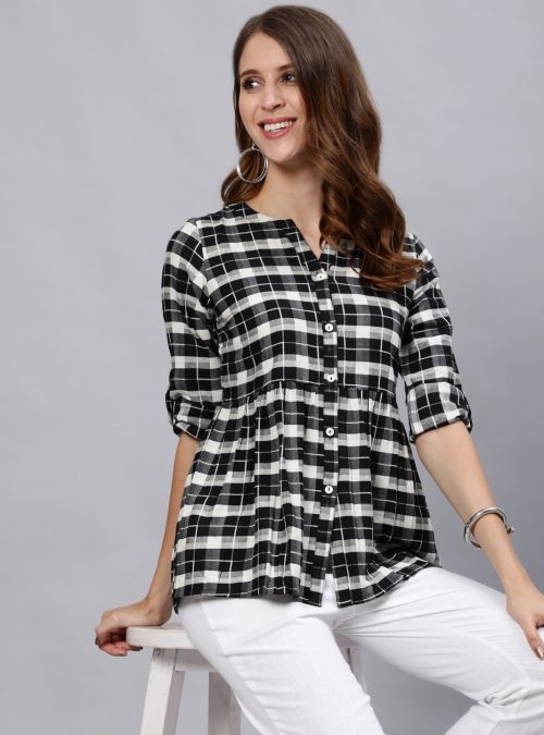 Black & White Checked Cotton Shirt With Gathered Detail