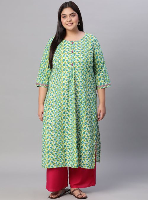 Green Cotton Geomatric Print Straight Fit Kurti