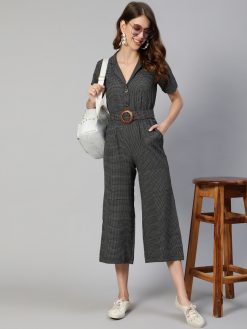 Women Black Yarn Dyed Checked Jumpsuit