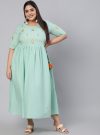 Sea Green Embroidered Fit And Flare Pure Cotton Dress With Tie-Up Detail