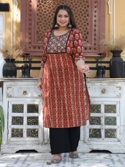 Women Maroon And Brown Printed Straight Kurta