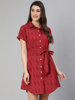 Rustic Red Abstract Printed Cotton Slub Shirt Dress With Belt