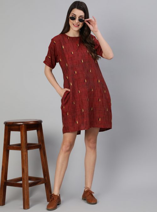 Women Maroon Yarn Dyed Self Weave Asymmetrical Dress