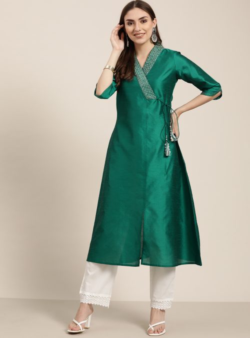 Green Silk Blend Anagrakha Style A Line Kurta
