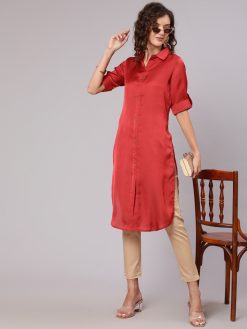 A Red Silk Fabric Embellished Shirt With Roll Up Elbow Sleeves