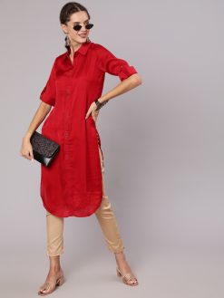 A Rust Silk Fabric Embellished Shirt With Roll Up Elbow Sleeves