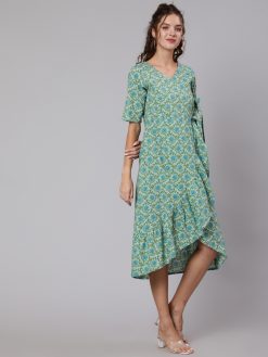 A Green Floral Cotton Embroidered Flared Dress With Short Sleeves and Tie-Up Belt