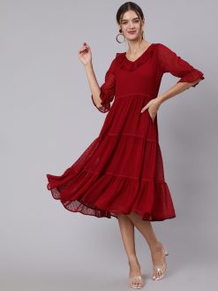 Maroon Color Polka Self Weave Georgette Dress