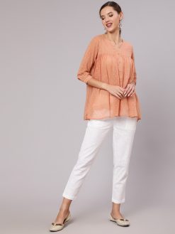 Peach Chiffon Dobby Gathered Top With Flared Hemline