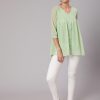 Green Chiffon Dobby Gathered Top With Flared Hemline