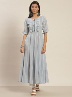 A Grey Color Striped Georgette Flared Dress