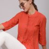 Orange Self Weave Rayon Pleated Mandarin Collar Shirt