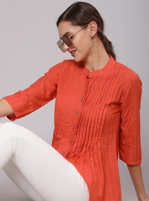 Orange Self Weave Rayon Pleated Mandarin Collar Shirt