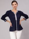 A Blu Poly Silk Lace Embellished Top With Smocked Sleeves