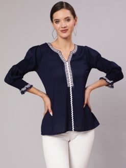 A Blu Poly Silk Lace Embellished Top With Smocked Sleeves