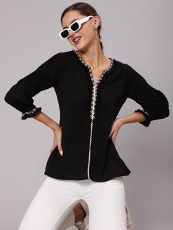 A Black Poly Silk Lace Embellished Top With Smocked Sleeves