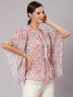 A Peach Geometric Printed Georgette Kaftan Top