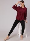 A Maroon Self Weave Rayon Lurex Gathered Top With Elasticated Gathered Sleeves