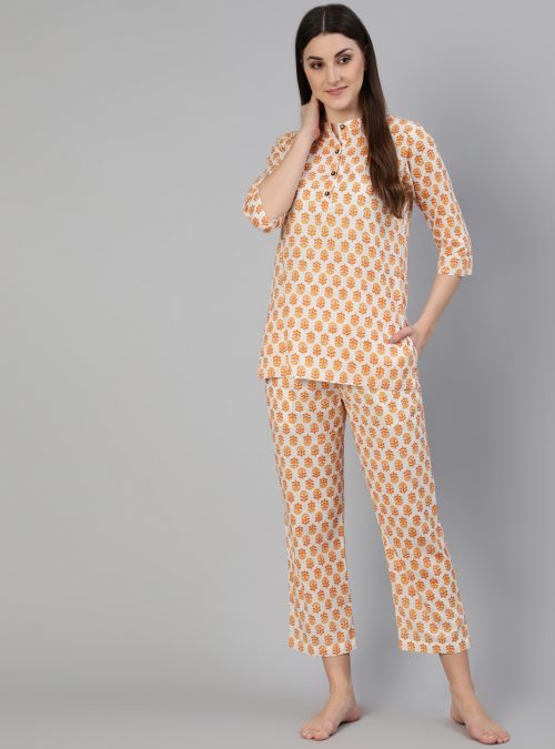 Women Cotton Ethnic Printed White Night Suit