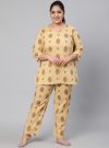 Beige Cotton Ethnic Printed Top With Pyjamas Lounge Wear