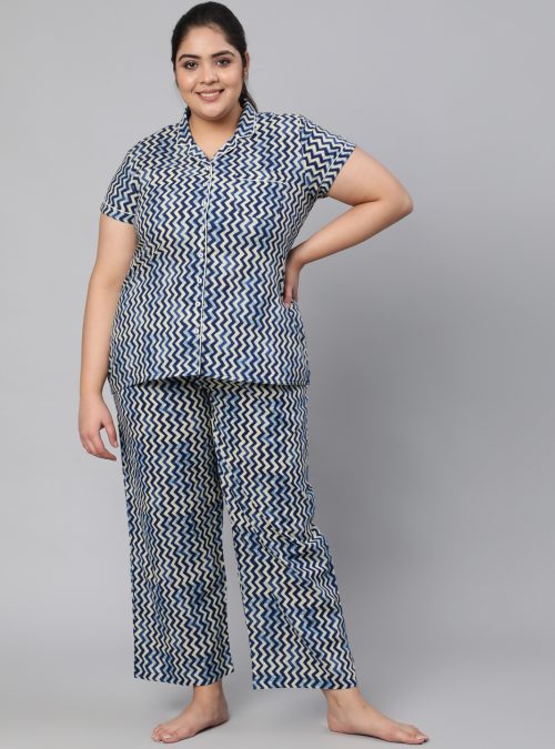 Cotton Geometric Printed Blue Night Suit