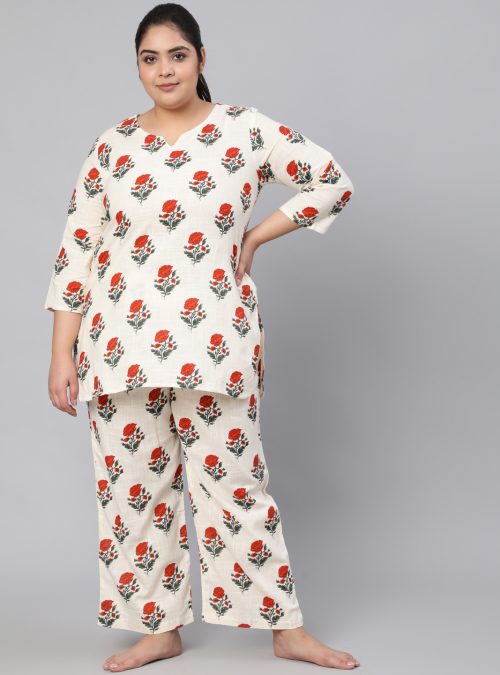 A White Ethnic Print Sleepwear Consist Of Straight Short Kurta & Pyjamas