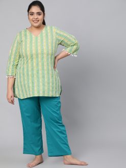 A Border Green Printed Sleepwear Consist Of Straight Short Kurta & Pyjamas