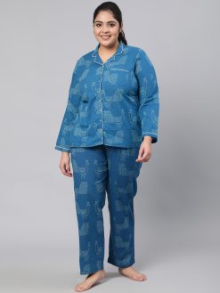 Teal Printed Cotton Night Suit