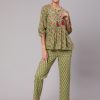 Women Cotton Ethnic Printed Green Lounge Wear Has Gathered Top And Pants