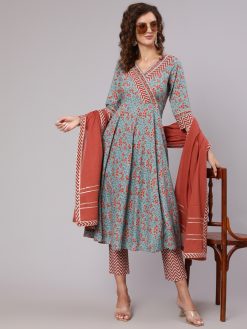 Women Grey Cotton Printed Embellished Anarkali Kurta With Pants And Dupatta
