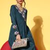 Women Teal Embroidered Gathers Kurta With Chudidar