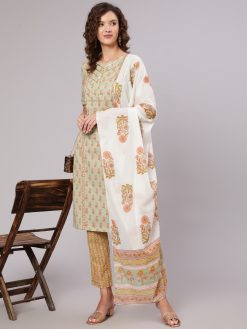 A Green Straight Ethnic Printed Gota Embellished Kurta With Printed Pants And Dupatta.