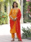 Women Mustard Self Weave Silk Blend Kurta With Pants And Dupatta