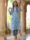 A Blue Straight Ethnic Printed Lace Embellished Kurta With Printed Pants