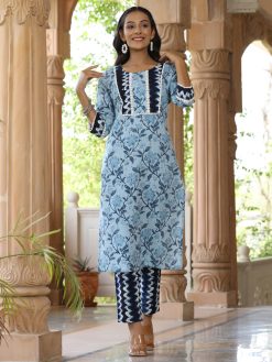 A Blue Straight Ethnic Printed Lace Embellished Kurta With Printed Pants
